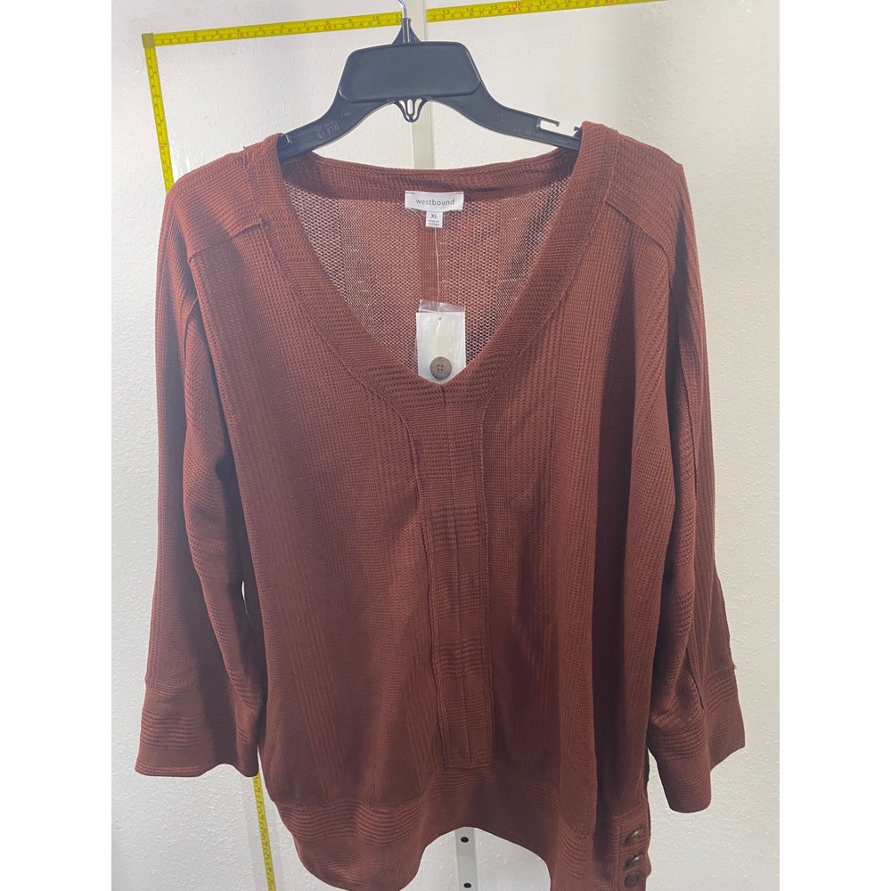 Westbound Womens XL Rust Brown Waffle Knit V-Neck Sweater Button Hem Long Sleeve